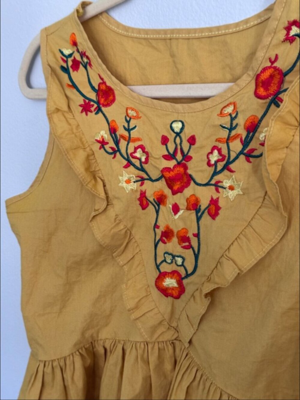 Mustard Yellow Embroidered Peplum Tank Top | Boho Floral Ruffle Cami S